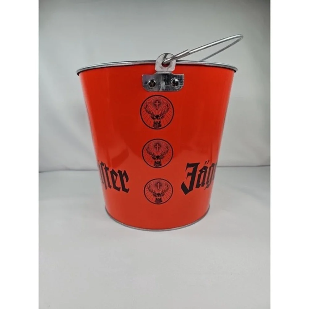 Vintage Collectible Jagermeister Ice Bucket Orange Metal Handle Barware Man Cave